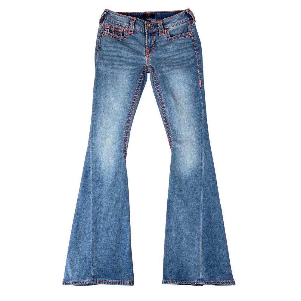 True Religion Joey Low Rise Flare Jeans Size 26 Blue Pink Big T Stitching